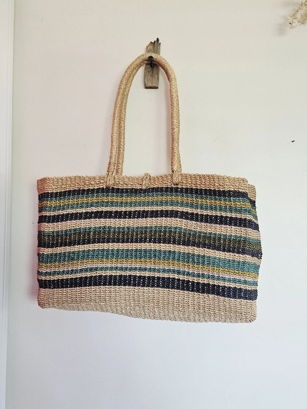 Free People Woven Straw Stripe Tote Bag in Natural and Blue